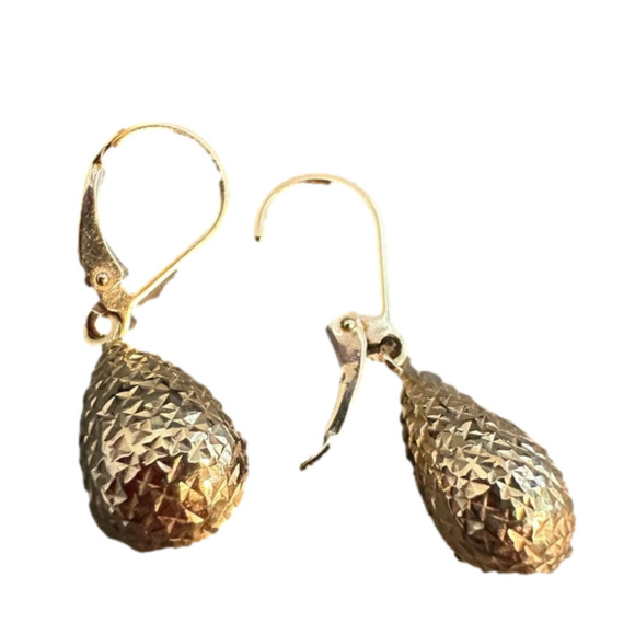 14K Gold Teardrop Fishhook Earrings Hammered